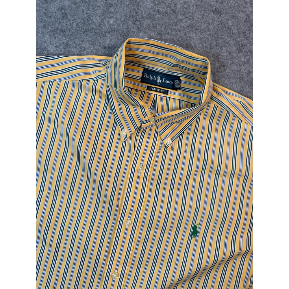 Ralph Lauren Classic Fit Yellow Striped Button Down Shirt Mens 16.5 32/33 Cotton